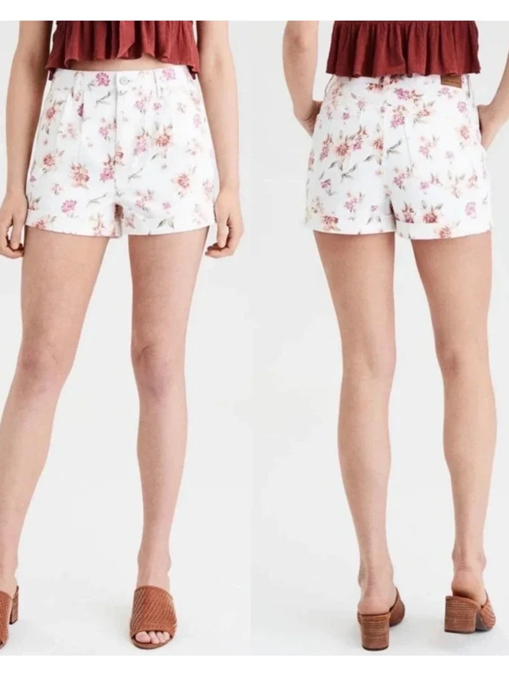 American Eagle Mom Short Floral High Waist Rolled Cuff Shorts Cottagecore Cotton